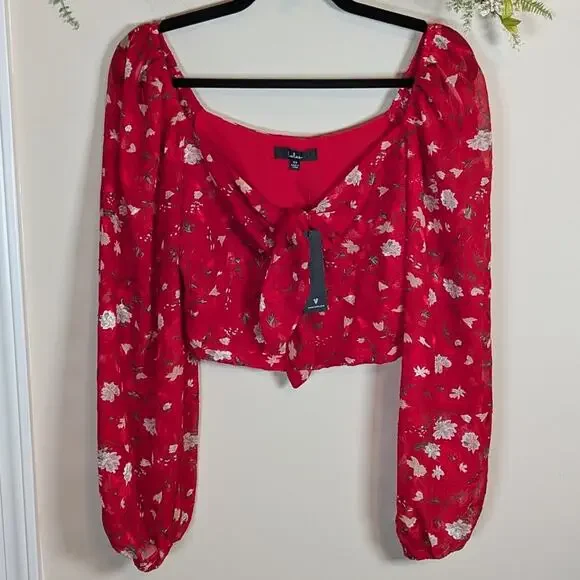 Lulu's red floral tie front long sleeve top - Picture 3 of 14